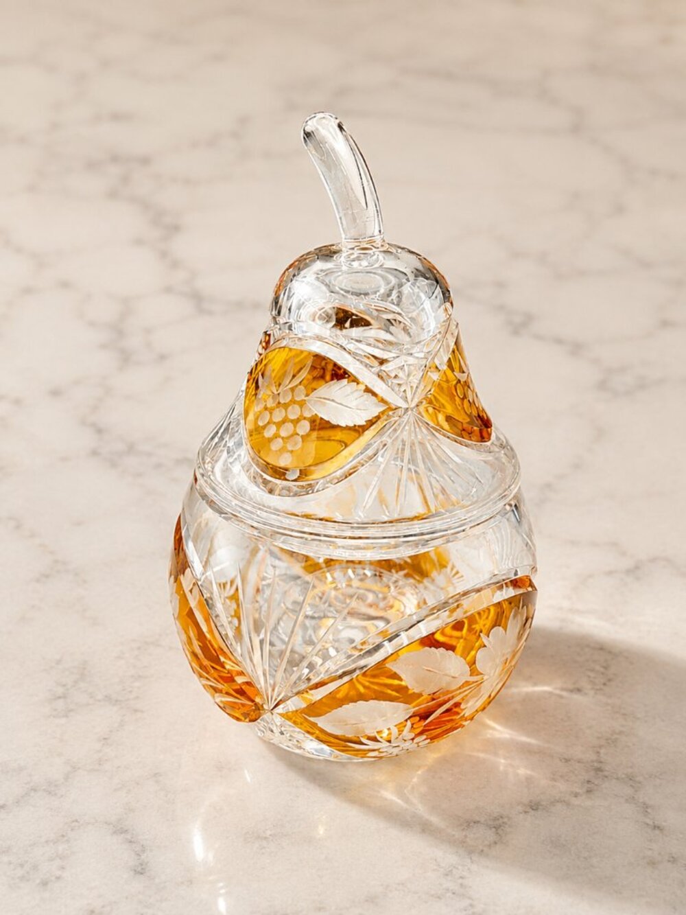 Vintage Julia Poland Amber Lead Crystal Pear Candy Jar Covered Dish 8"